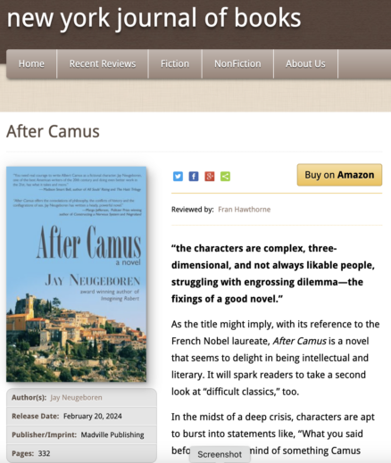 Screenshot of review from the New York Journal of Books written by Fran Hawthorn for Jay Neugeboren's novel, After Camus.